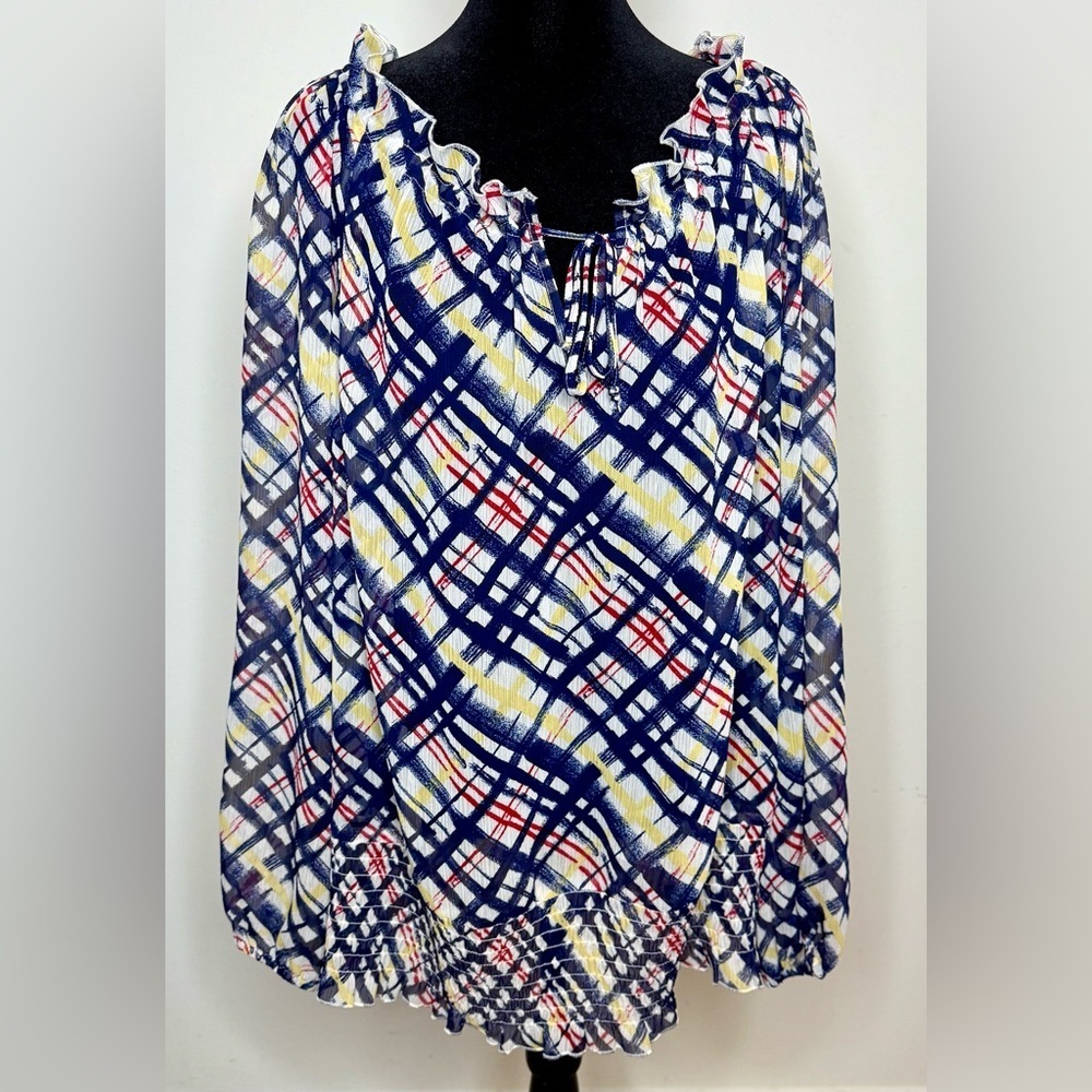 Lane Bryant sheer plaid blouse Long sleeves ruffle neckline size 18-20 EUC